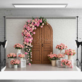 Lofaris Rustic Wood Door Photography Backdrop White Brick Wall with Pink Rose Arch Romantic Wedding or Bridal Shower Decor